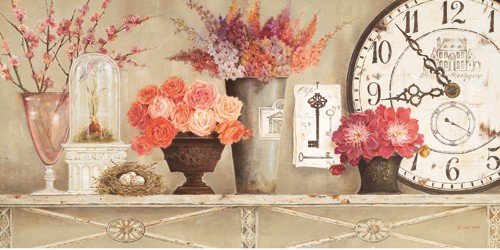 Kathryn White, Blossom Time (Stillleben, Blüten, blumen, Vasen, Uhr, Schlüssel, Arrangement, Nostalgie, Vitage, Wunschgröße, Esszimmer, Schlafzimmer,)