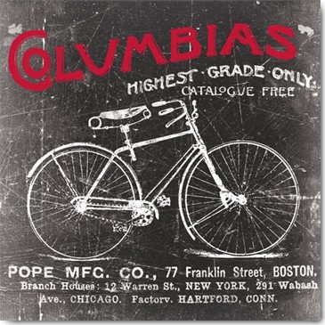 Katrina Craven, Antique Bicycle II (Plakatkunst, Vintage, Retro, Fahrrad, Fahrradgeschäft, Columbias, Bistro, Treppenhaus, schwarz / weiß, rot)