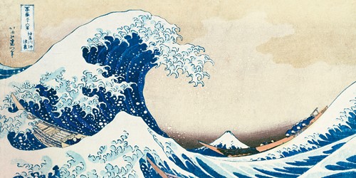 Katsushika Hokusai, L´onda I (Große Welle, Boote, Berg, Fujiyama, Asiatische Kunst, Japan, Wasser, Meer, Welle, Wunschgröße, Klassiker, Holzschnitt, farbiger Holzschnitt, Wohnzimmer, Treppenhaus, blau / weíß)
