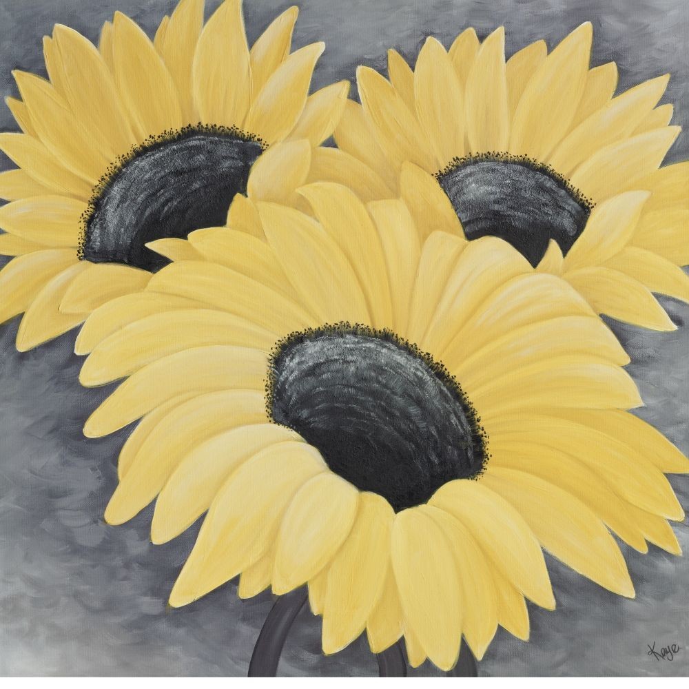 Kaye Lake, Sunflower Serenade I (Blumen, Blüten, Sonnenblumen, Sommer,  Natur, Wohnzimmer, Treppenhaus, Schlafzimmer, Malerei, Zeitgenössisch,  leuchtend gelb)
