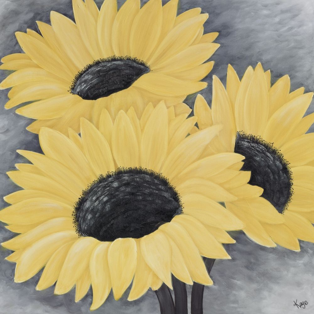 Kaye Lake, Sunflower Serenade II (Blumen, Blüten, Sonnenblumen, Sommer,  Natur, Wohnzimmer, Treppenhaus, Schlafzimmer, Malerei, Zeitgenössisch,  leuchtend gelb)
