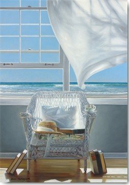 Karen Hollingsworth, Sundrenched (Wunschgröße, Malerei, Modern, Fotorealismus, Meeresbrise, Meer, Horizont, Fenster, Korbsessel, Bücher, Vorhang, Gardine, wehende Gardine, Sonnenlicht, Lichtflecken, Aussicht, Wohnzimmer, Schlafzimmer, bunt)