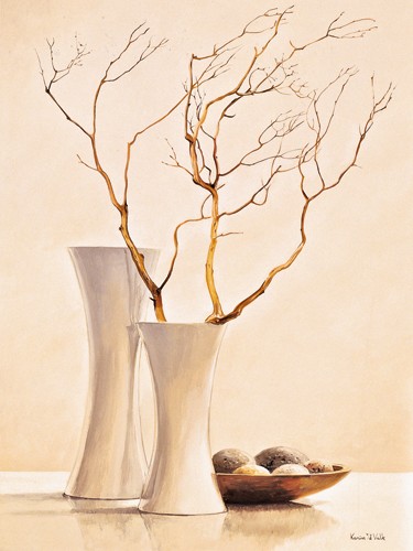 Karin van der Valk, Weidenzweige I (Wunschgröße, Malerei, Stillleben, weiße Blumenvase, trockener Ast, knorrig, Schale, Teller, modern, dekorativ, Schlafzimmer, Wohnzimmer, Treppenhaus, Esszimmer, bunt)