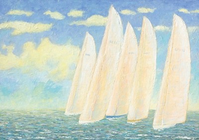 Karl-Heinz Möller, The Race (Meer, Meeresbrise, Segelboote, maritim, Malerei, Wunschgröße, Wohnzimmer, Badezimmer, Treppenhaus,pastellfarben, bunt)