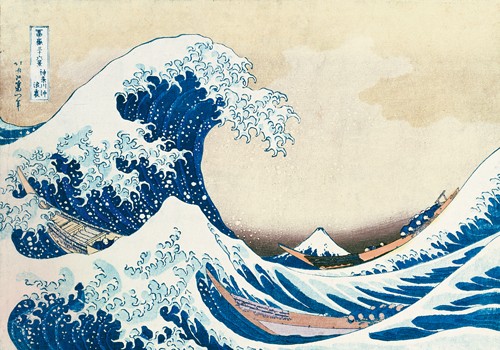 Katsushika Hokusai, Die große Welle von Kanagawa (Asiatische Kunst, Japan, Klassiker, Holzschnitt, farbiger Holzschnitt, Wasser, Meer, Welle, Tsunamie, Boote, Berg, Fuji, Badezimmer, Schlafzimmer, blau / weíß)