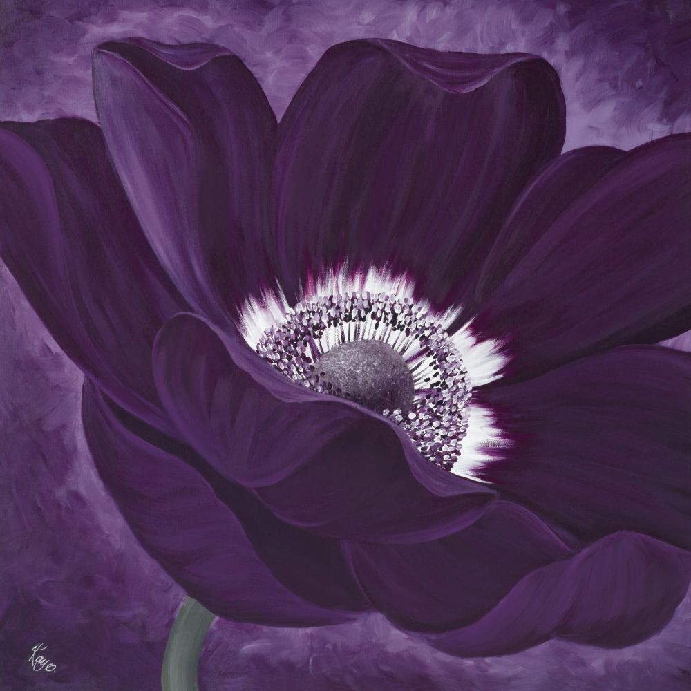 Kaye Lake, Purple Passion I (Blume, Blüte, Mohnblume,  Wohnzimmer, Treppenhaus, Schlafzimmer, Malerei, Zeitgenössisch, violett)