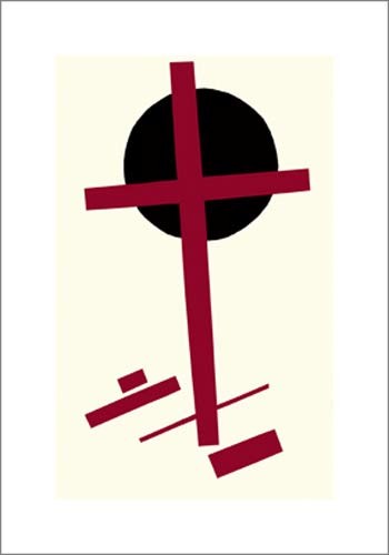 KASIMIR MALEWITSCH, Suprematismus, 1927 ca. (Büttenpapier) (Malerei, russische Avantgarde, abstrakte Malerei, Suprematismus, geometrische Formen, rotes Kreuz, rote Balken, Streifen, schwarzer Kreis, Klassische Moderne, Business, Büro, Wohnzimmer, Arztpraxis, Treppenhaus, weiß / rot / schwarz)