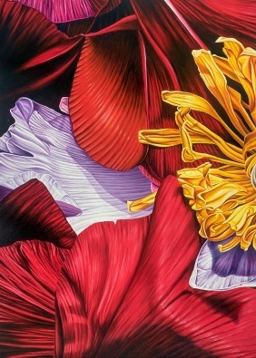 Karl Black, Inferno (Blüten, Blütenblätter, Malerei, leuchtend, wild, unruhig, modern, Pop, Wohnzimmer, Treppenhaus, Wunschgröße, gelb/rot)