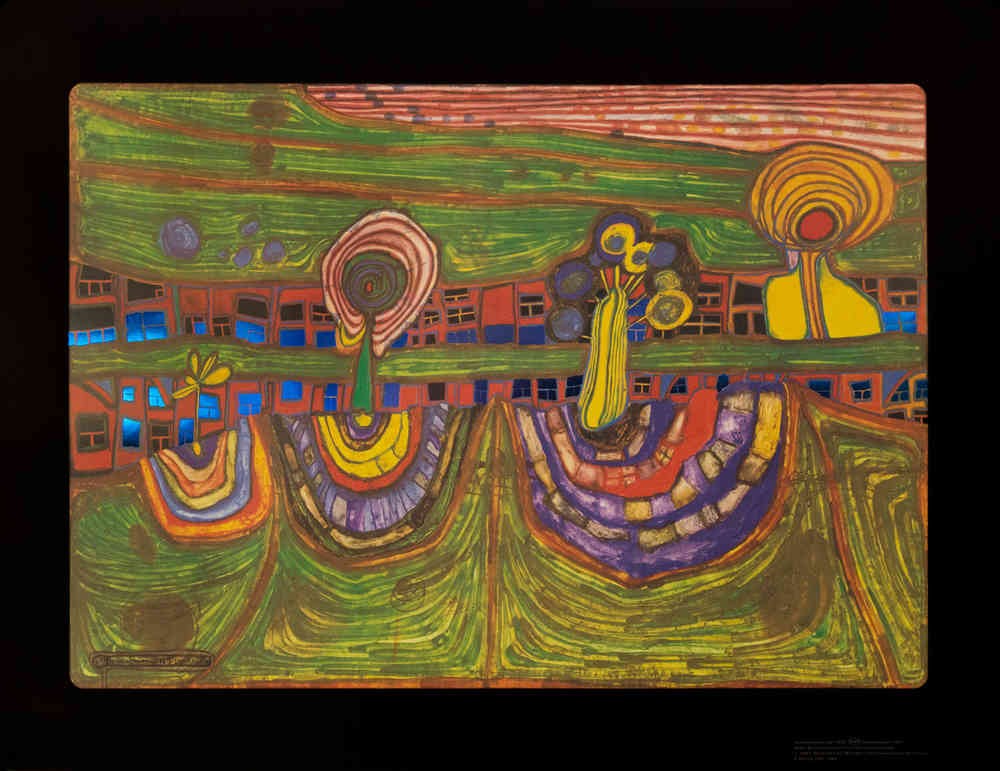 Friedensreich Hundertwasser, DOWNTOWNLANE (Malerei, Klassische Moderne, Abstrakt, Pflanze, Blumen, Blumentopf, geometrische Muster, abstrakte Formen, Wohnzimmer, Arztpraxis, bunt)