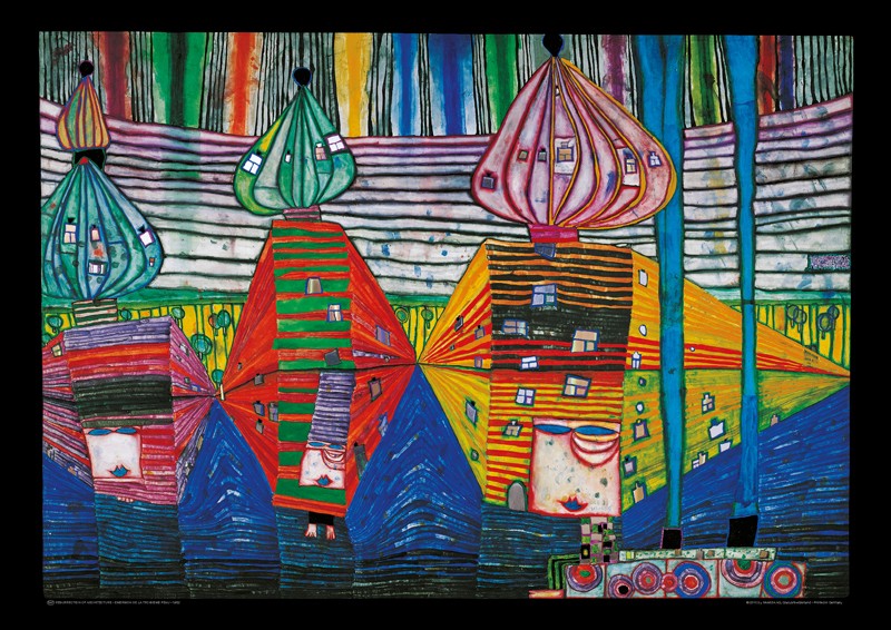 Friedensreich Hundertwasser, RESURRECTION OF ARCHITECTURE (Malerei, Klassische Moderne, Abstrakt, Pflanze, Blumen, Blumentopf, geometrische Muster, abstrakte Formen, Wohnzimmer, Arztpraxis, bunt)