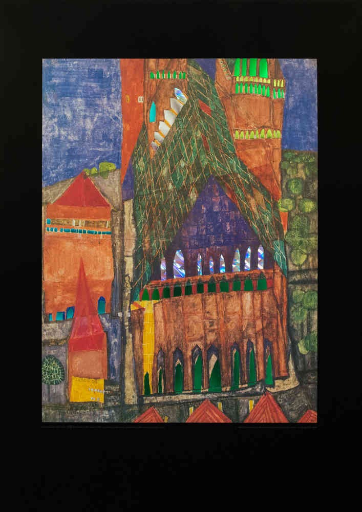 Friedensreich Hundertwasser, Bild mit Rahmen, KATHEDRALE I, Holz silber, 34 mm, schwarz gebürstet, Plexiglas (Malerei, Klassische Moderne, Abstrakt, Pflanze, Blumen, Blumentopf, geometrische Muster, abstrakte Formen, Wohnzimmer, Arztpraxis, bunt)