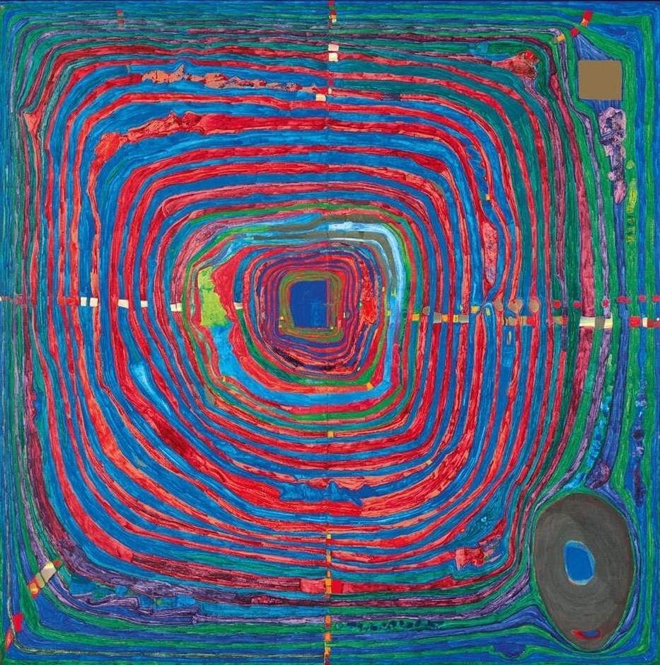 Friedensreich Hundertwasser, DER GROSSE WEG (Malerei, Klassische Moderne, Abstrakt, Pflanze, Blumen, Blumentopf, geometrische Muster, abstrakte Formen, Wohnzimmer, Arztpraxis, bunt)