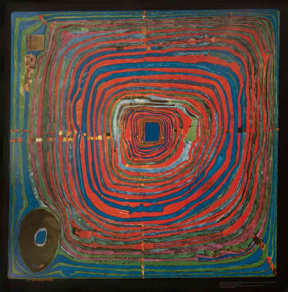 Friedensreich Hundertwasser, DER GROSSE WEG (Malerei, Klassische Moderne, Abstrakt, Pflanze, Blumen, Blumentopf, geometrische Muster, abstrakte Formen, Wohnzimmer, Arztpraxis, bunt)