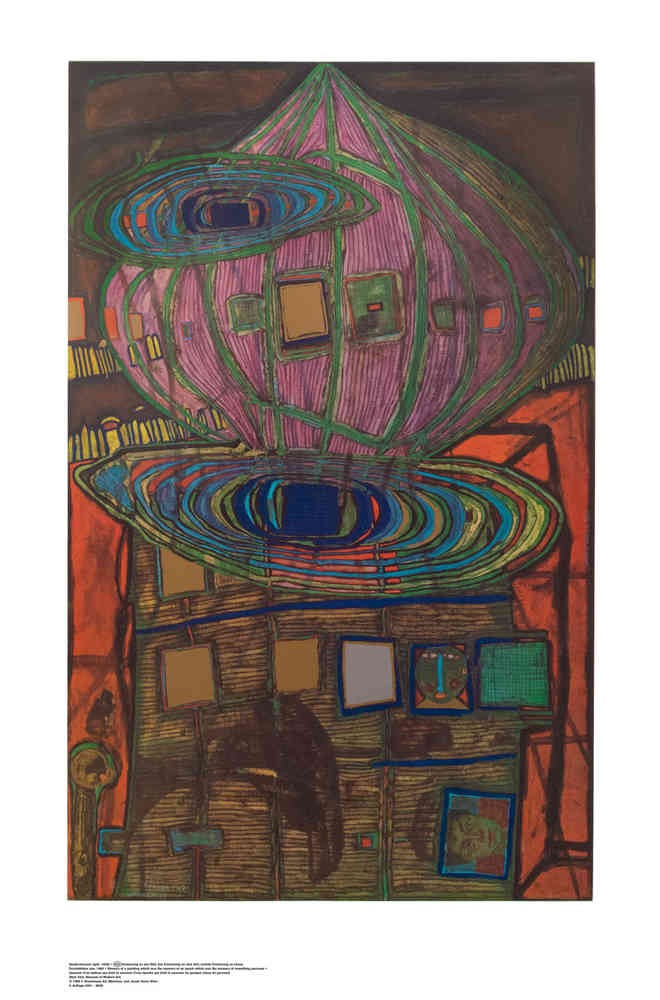 Friedensreich Hundertwasser, ERINNERUNG AN DAS BILD (Malerei, Klassische Moderne, Abstrakt, Pflanze, Blumen, Blumentopf, geometrische Muster, abstrakte Formen, Wohnzimmer, Arztpraxis, bunt)