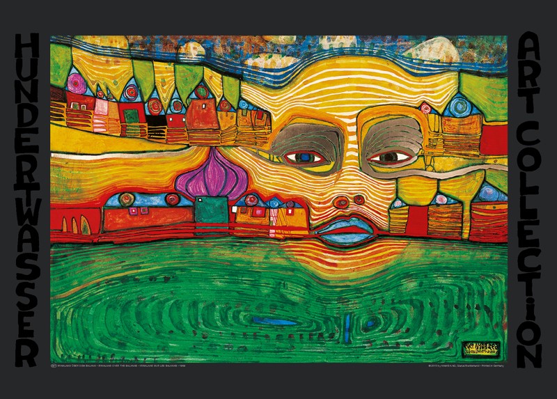 Friedensreich Hundertwasser, IRINALAND ÜBER DEM BALKAN (Malerei, Klassische Moderne, Abstrakt, Pflanze, Blumen, Blumentopf, geometrische Muster, abstrakte Formen, Wohnzimmer, Arztpraxis, bunt)