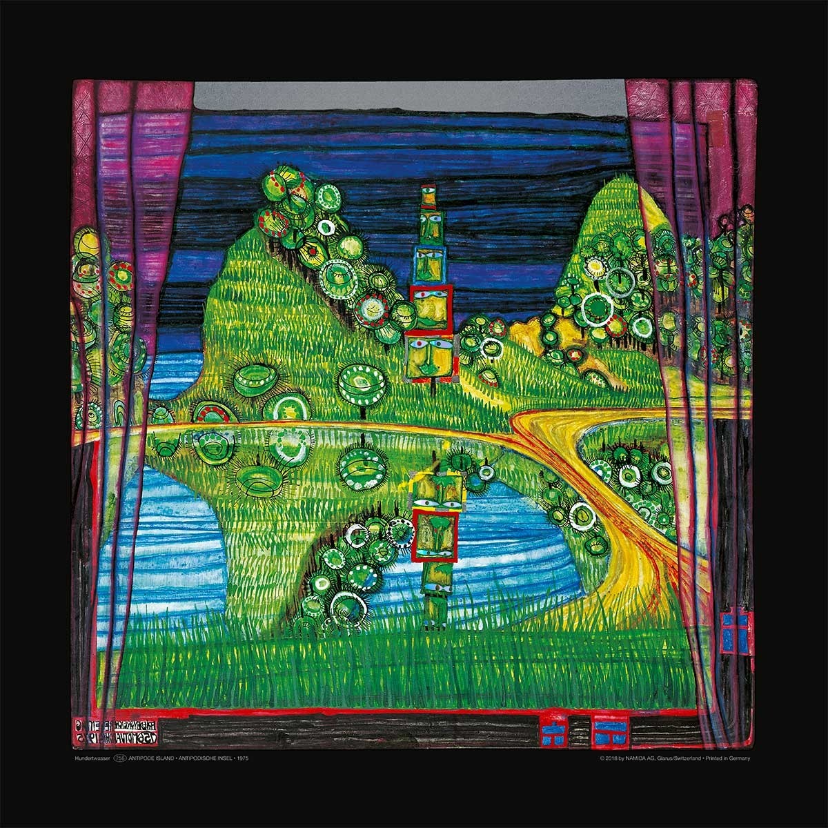 Friedensreich Hundertwasser, ANTIPODE ISLAND – ANTIPODISCHE INSEL (Malerei, Klassische Moderne, Abstrakt, Landschaft, Baum, Baumriese, Fenster, Ausblick, Zimmer, Esszimmer, Tisch, Stihl, Verloren, Leere,  geometrische Muster, abstrakte Formen, Wohnzimmer, Arztpraxis, bunt)