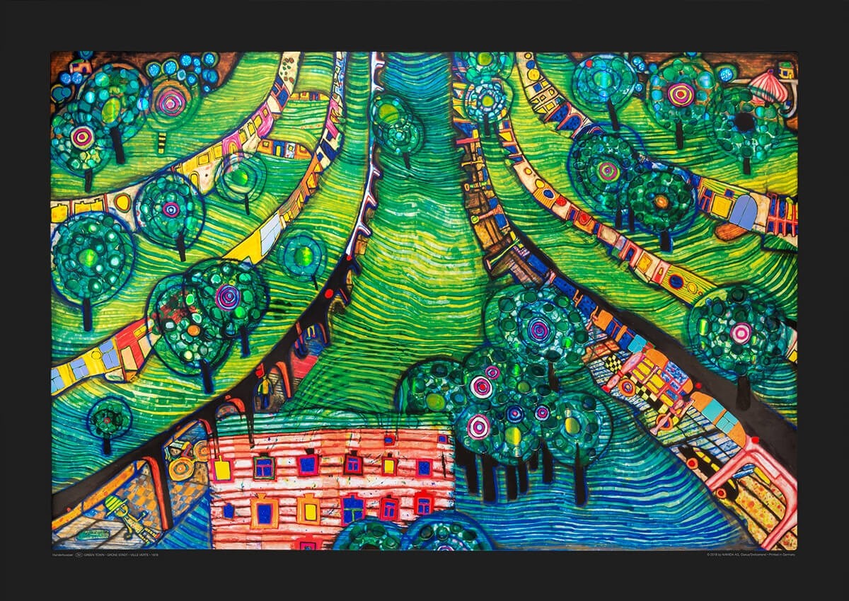 Friedensreich Hundertwasser, Grüne Stadt (groß) (Malerei, Klassische Moderne, Abstrakt, Landschaft, Baum)