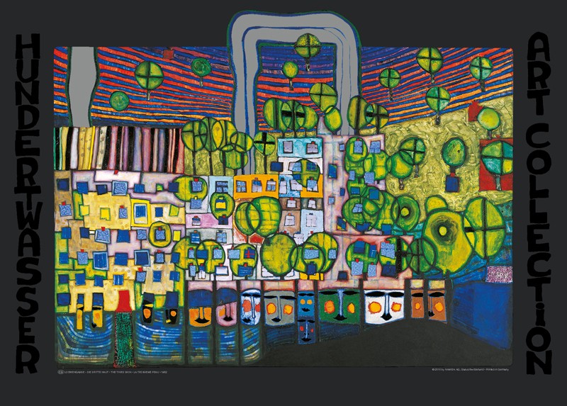 Friedensreich Hundertwasser, LÖWENGASSE - DIE DRITTE HAUT (Malerei, Klassische Moderne, Abstrakt, Pflanze, Blumen, Blumentopf, geometrische Muster, abstrakte Formen, Wohnzimmer, Arztpraxis, bunt)