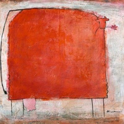 Marianne Kindt, Kuh Muh-Muh (Kuh, abstrahiert, modern, Malerei, Treppenhaus, Wohnzimmer, Esszimmer, orange / grau)