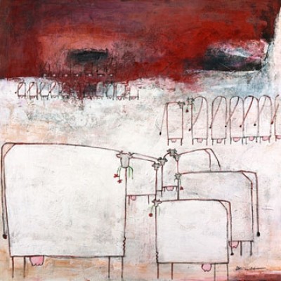 Marianne Kindt, Lunch (Kühe, abstrahiert, modern, Malerei, Treppenhaus, Wohnzimmer, Esszimmer, rot / grau)