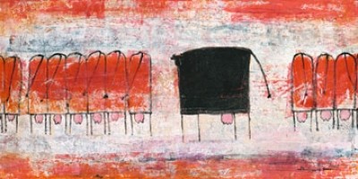 Marianne Kindt, Schwarze Kuh (Kühe, schwarze Kuh, abstrahiert, modern, Malerei, Treppenhaus, Wohnzimmer, Esszimmer, orange / grau)