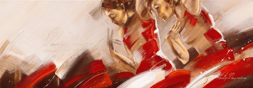 Kitty Meijering, Spirit of Dance II (Wunschgröße, Malerei,  Modern, Ballett, Sport, Tanz, Bänder, Tänzerinnen, Jugendzimmer, Ballettschule,  Wohnzimmer, Tanzschule,  rot / beige)