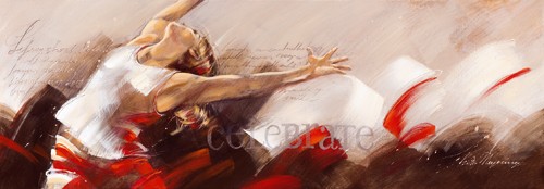 Kitty Meijering, Celebrate (Wunschgröße, Malerei,  Modern, Ballett, Sport, Tanz, Bänder, Tänzerin, Jugendzimmer, Ballettschule,  Wohnzimmer, Tanzschule,  rot / beige)