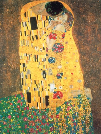 Gustav Klimt, Der Kuss II (Klassische Moderne,dekorativ, Jugendstil, Eros&People, Frau, Mann, Umarmung, Erotik, Ornamente, geometrische Formen, bunt, Wohnzimmer,Treppenhaus, Schlafzimmer, Malerei)