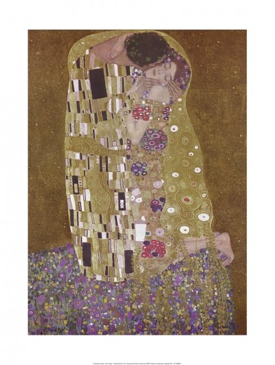 Gustav Klimt, Der Kuss (Klassische Moderne, Malerei, dekorativ, Jugendstil, Eros&People, Frau, Mann, Umarmung, Erotik, Ornamente, geometrische Formen, bunt, Wohnzimmer, Treppenhaus, Schlafzimmer)