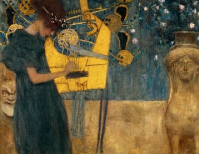 Gustav Klimt, Die Musik (Klassische Moderne,Jugendstil, Eros&People, Frau, Melancholie,  Musikinstrument, Maske, Statue, bunt,Wohnzimmer,Treppenhaus, Schlafzimmer, Malerei)