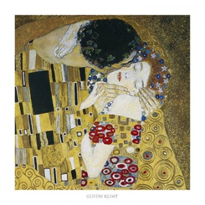 Gustav Klimt, Der Kuß (Klassische Moderne,dekorativ, Jugendstil, Eros&People, Frau, Mann, Umarmung, Erotik, Ornamente, geometrische Formen, bunt, Wohnzimmer, Treppenhaus, Schlafzimmer, Malerei)