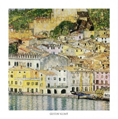 Gustav Klimt, Malcesine sul Garda (Klassische Moderne,dekorativ, Jugendstil, See, Gardasee, Spiegelung, Dorf, Häuser, Burg,  mediterran,  bunt,Wohnzimmer, Treppenhaus, Schlafzimmer, Malerei)