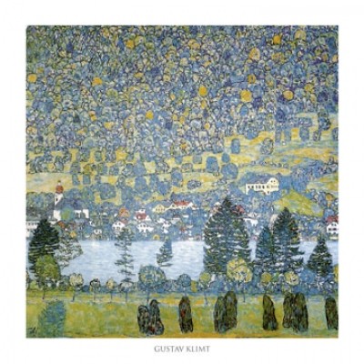 Gustav Klimt, Mountain slope at Unterach (Klassische Moderne,dekorativ, Jugendstil, Bäume, Wald, Fluß, Dorf, Österreich, Attersee,  bunt, Wohnzimmer, Treppenhaus, Schlafzimmer, Malerei)