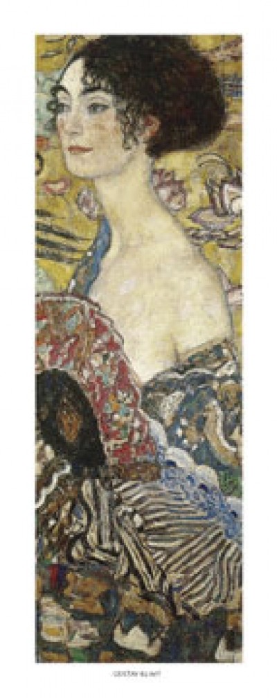 Gustav Klimt, Lady with Fan (Klassische Moderne, Jugendstil, dekorativ, Eros&People, Frau, Ornamente, Fächer, bunt, Wohnzimmer, Treppenhaus, Schlafzimmer, Malerei)