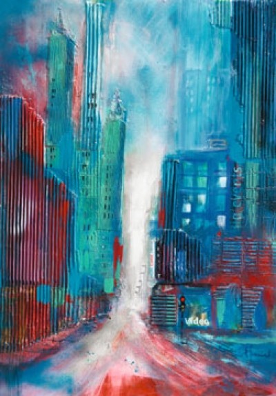 Bernd Klimmer, Chicago (Stadt, Hochhäuser, Architektur, abstrahiert, Malerei, modern, Wohnzimmer, Büro, Business, blau/rot)