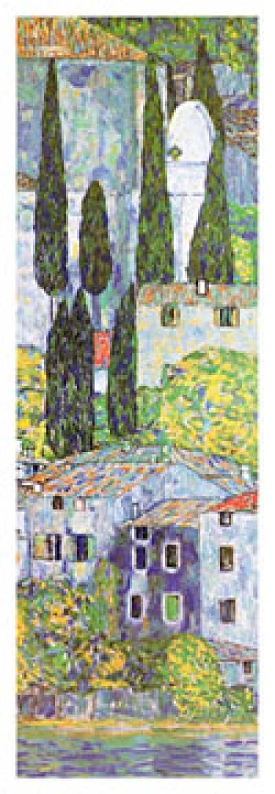 Gustav Klimt, Kirche in Cassone (Klassische Moderne,dekorativ, Jugendstil,Pointillismus, Landschaften, Häuser, Bäume, Zypressen, bunt, Wohnzimmer, Treppenhaus,Schlafzimmer, Malerei)