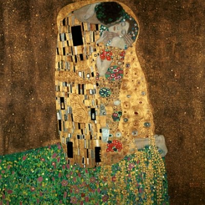 Gustav Klimt, Der Kuss (Klassische Moderne,dekorativ, Jugendstil, Eros&People, Frau, Mann, Umarmung, Erotik, Ornamente, geometrische Formen, bunt, Wohnzimmer, Treppenhaus, Schlafzimmer, Malerei)