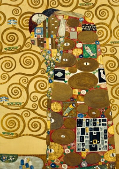 Gustav Klimt, Die Erfüllung (Klassische Moderne,dekorativ, Jugendstil, Eros&People, Frau, Mann, Umarmung, Ornamente, Baum des Lebens, geometrische Formen, bunt, Wohnzimmer, Treppenhaus, Schlafzimmer, Malerei)