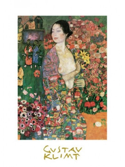 Gustav Klimt, Die Tänzerin (Klassische Moderne,Japonismus, dekorativ, Jugendstil, Eros&People, Frau, Akt, Blumen, Erotik, Ornamente, geometrische Formen, bunt, Wohnzimmer, Treppenhaus, Schlafzimmer,Malerei)