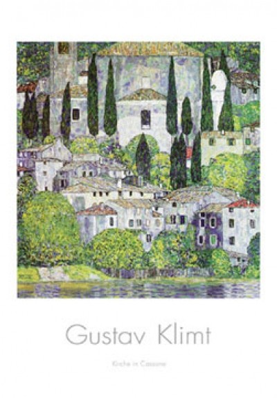 Gustav Klimt, Kirche in Cassone (Klassische Moderne,dekorativ, Jugendstil,Pointillismus Bäume, Zypressen, Dorf, Häuser, bunt, Wohnzimmer,Treppenhaus, Schlafzimmer, Malerei)