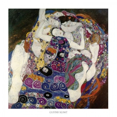 Gustav Klimt, Jungfrau (Klassische Moderne,dekorativ, Jugendstil, Eros&People, Frauen,  Umarmung, Erotik, Ornamente, geometrische Formen, bunt, Wohnzimmer, Treppenhaus, Schlafzimmer, Malerei)
