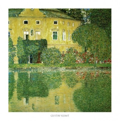 Gustav Klimt, Schlosskammer on Attersee (Klassische Moderne,Jugendstil, Österreich, See, Bäume, Architektur, Haus, Spiegelung, bunt, Wohnzimmer, Treppenhaus, Schlafzimmer, Malerei)