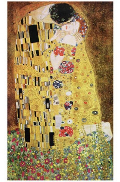 Gustav Klimt, Der Kuss (Klassische Moderne,dekorativ, Jugendstil, Eros&People, Frau, Mann, Umarmung, Erotik, Ornamente, geometrische Formen, bunt, Wohnzimmer,Treppenhaus, Schlafzimmer, Malerei)