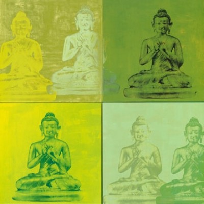 Klineman Hedy, Temple I (Modern, Malerei, Pop Art, figural, asiatisch, Buddha, grün / gelb)