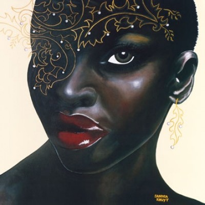 Sandra Knuyt, Ebony (Portrait, Frau, Gesicht, moderne Malerei, zeitgenössisch, dekorativ, dunkelhäutig, Schlafzimmer, Treppenhaus, Wohnzimmer, bunt)