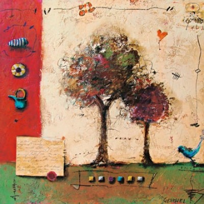 Sonja Kobrehel, Tree I (Modern, Malerei, Collage, Abstrakt, Bäume, Farbfelder, Rechtecke, bunt)
