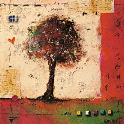 Sonja Kobrehel, Tree II (Modern, Malerei, Collage, Abstrakt, Baum, Farbfelder, Rechtecke, bunt)