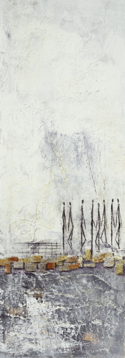 Kollar Ines, On the tramp I (Modern, zeitgenössische Malerei, Abstrakt, figural, Menschen, Silhouetten, Steine, Wanderschaft, Wohnzimmer, Büro, Business, weiß / grau / braun)