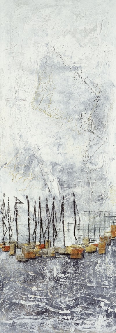 Kollar Ines, On the tramp II (Modern, zeitgenössische Malerei, Abstrakt, figural, Menschen, Silhouetten, Steine, Wohnzimmer, Büro, Business, Wanderschaft, weiß / grau / braun)