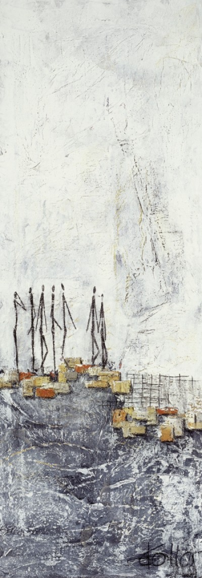 Kollar Ines, On the tramp III (Modern, zeitgenössische Malerei, Abstrakt, figural, Menschen, Silhouetten, Steine, Wanderschaft, weiß / grau / braun)
